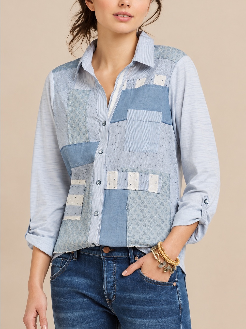 Anthropologie One September Relaxed Patchwork Button Down Shirt Boho Size S